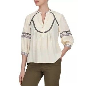 BA&SH PLUME EMBROIDERED Size 3/ Large Boho BLOUSE In Ecru Cream 3/4 Sleeve